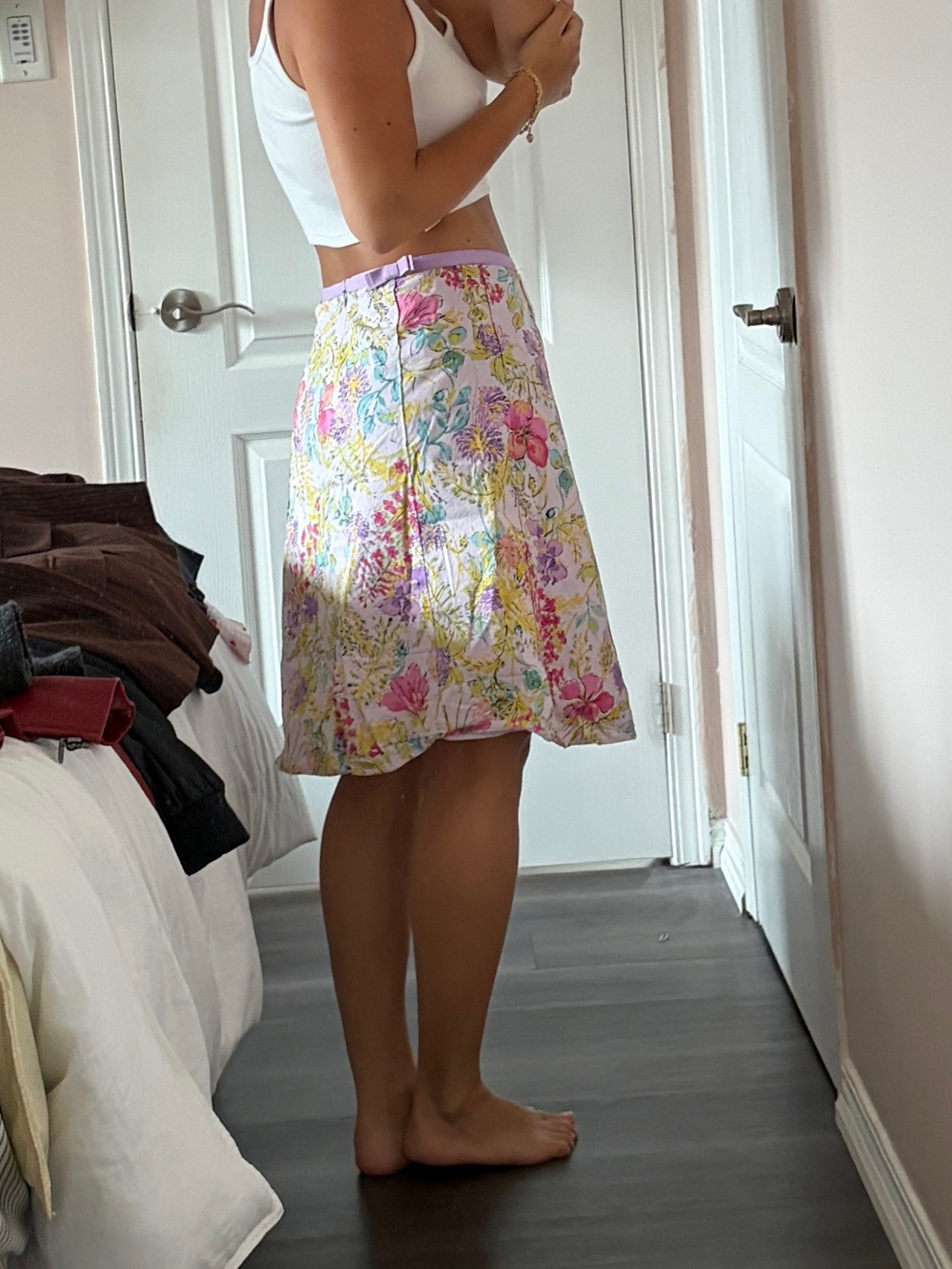 Floral A-Line Midi Skirt in Pastel Watercolor Print